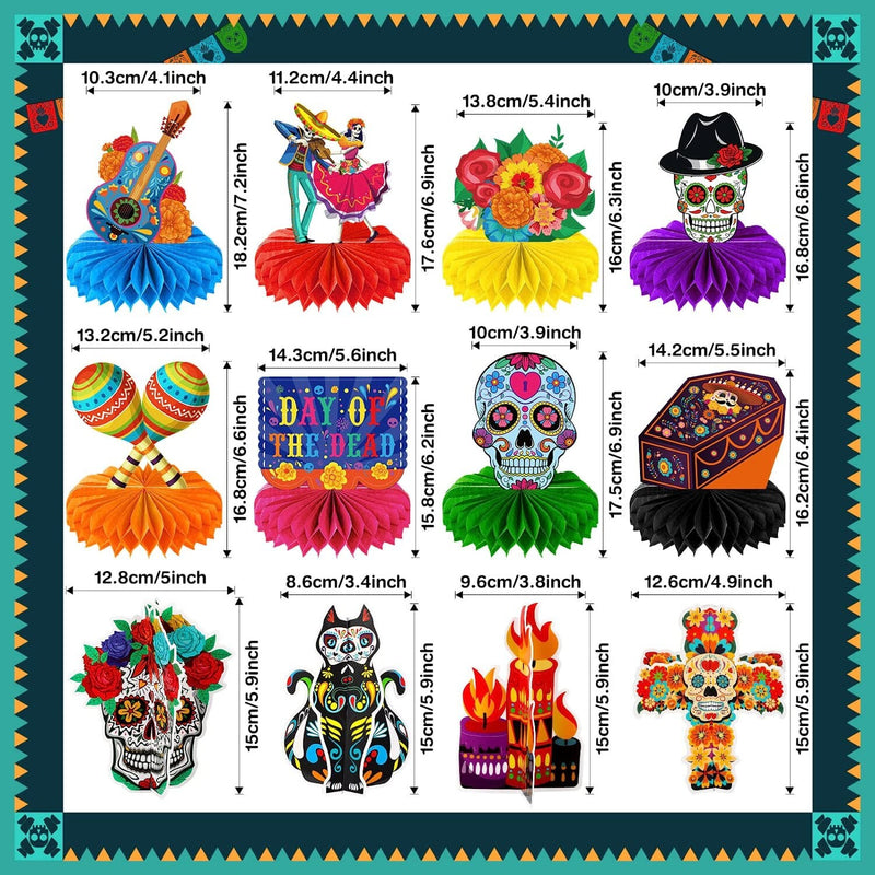 12 Pieces Day of the Dead Honeycomb Centerpieces | Dia De Los Muertos Table Decorations Sugar Skull Party Table Topper Cutout