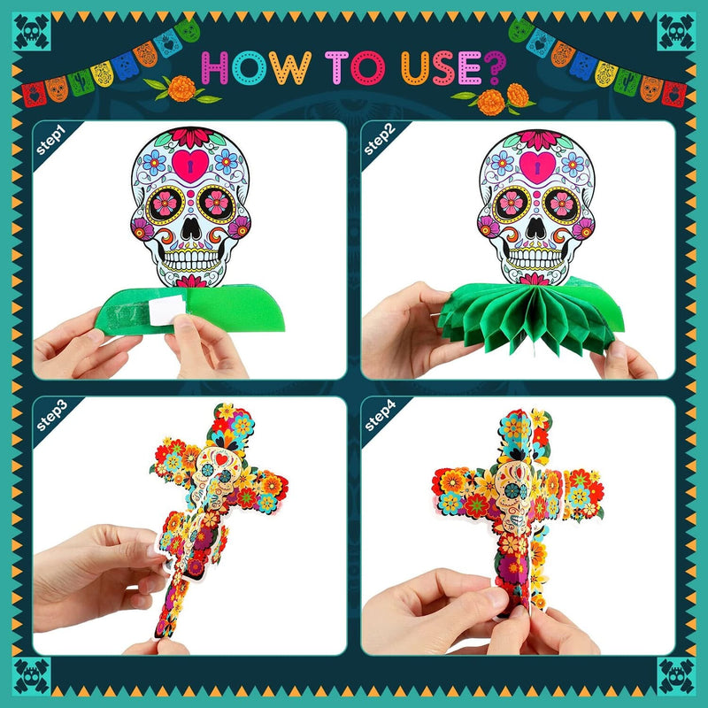 12 Pieces Day of the Dead Honeycomb Centerpieces | Dia De Los Muertos Table Decorations Sugar Skull Party Table Topper Cutout