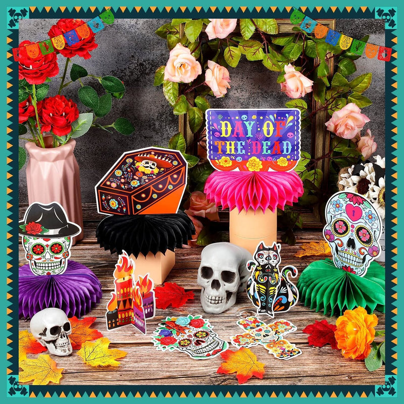 12 Pieces Day of the Dead Honeycomb Centerpieces | Dia De Los Muertos Table Decorations Sugar Skull Party Table Topper Cutout