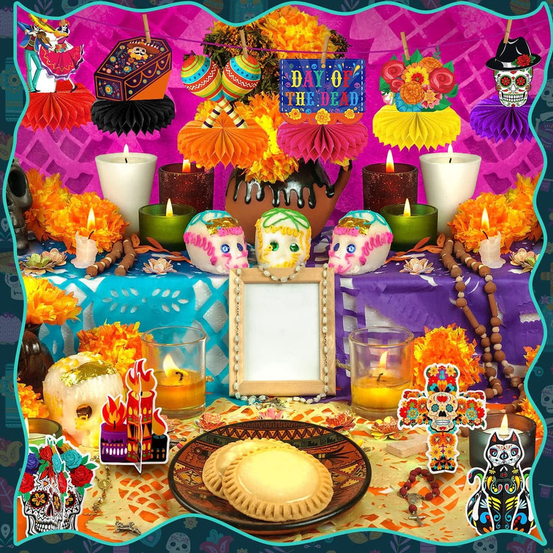 12 Pieces Day of the Dead Honeycomb Centerpieces | Dia De Los Muertos Table Decorations Sugar Skull Party Table Topper Cutout