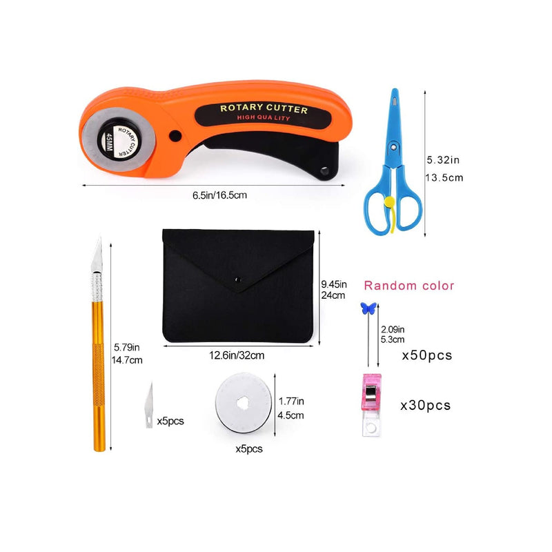 Headley Tools Rotary Cutter Set - 45mm Fabric Cutter, 5 Extra Rotary Blades, A3 Cutting Mat, Quilting Ruler and Sewing Clips, Craft Knife Set, Ideal