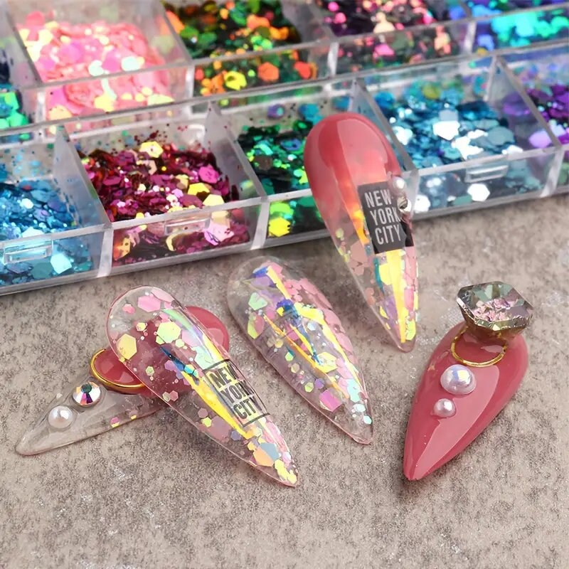 Grid Holographic Nail Art Sequins, 3D Laser Gradient Chameleon Nail Decals Design Foil Flakes Glitter Nail Supplies | For Women Manicure