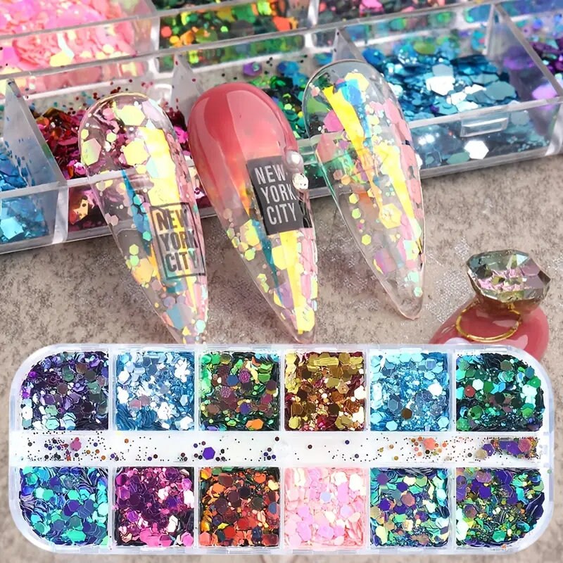 Grid Holographic Nail Art Sequins, 3D Laser Gradient Chameleon Nail Decals Design Foil Flakes Glitter Nail Supplies | For Women Manicure