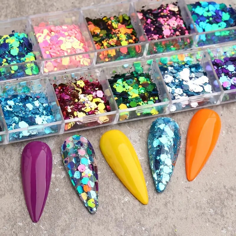 Grid Holographic Nail Art Sequins, 3D Laser Gradient Chameleon Nail Decals Design Foil Flakes Glitter Nail Supplies | For Women Manicure