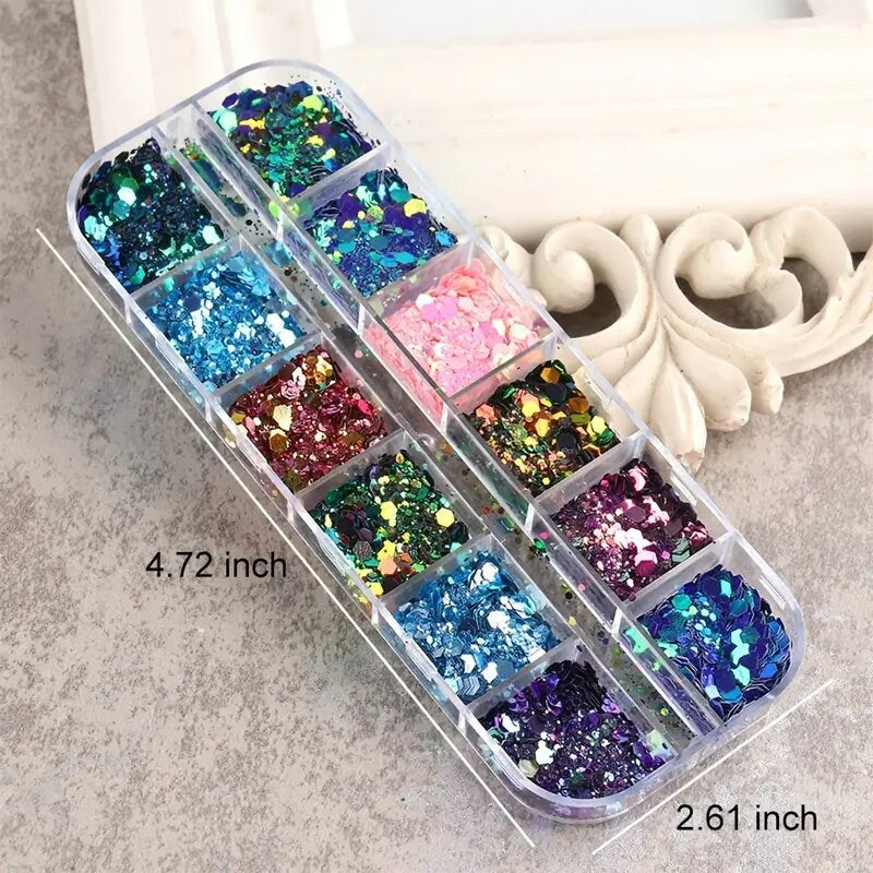 Grid Holographic Nail Art Sequins, 3D Laser Gradient Chameleon Nail Decals Design Foil Flakes Glitter Nail Supplies | For Women Manicure
