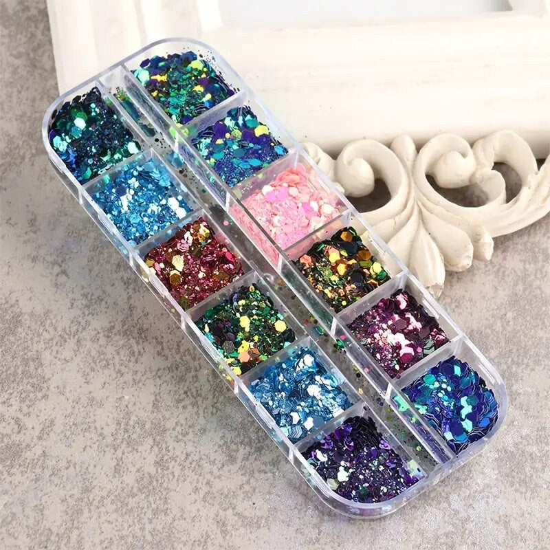Grid Holographic Nail Art Sequins, 3D Laser Gradient Chameleon Nail Decals Design Foil Flakes Glitter Nail Supplies | For Women Manicure