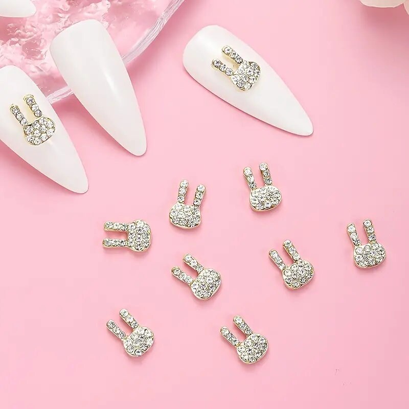 3D Rabbit Shape Nail Art Charms | Golden Metal Rabbit With Artificial Gem | For Manicure Craft DIY Nail Art Decorations