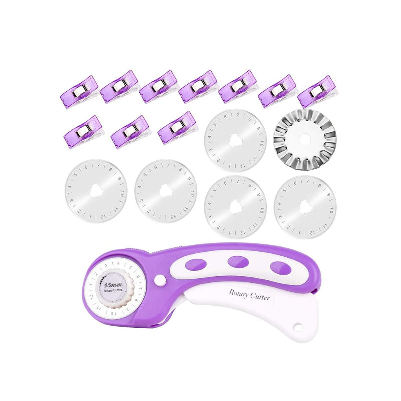45mm Fabric Cutter Set | Rotary Cutter Tool Kit with 6 Replacement Rotary Blades | Quilting Rotary Cutter with Safety