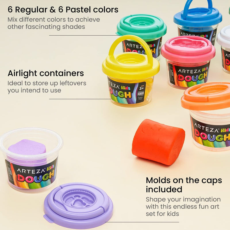 Kids Play Dough | 6 Pastel and 6 Bright Colors | 2.8-oz Tubs | Soft, Air-Tight Containers