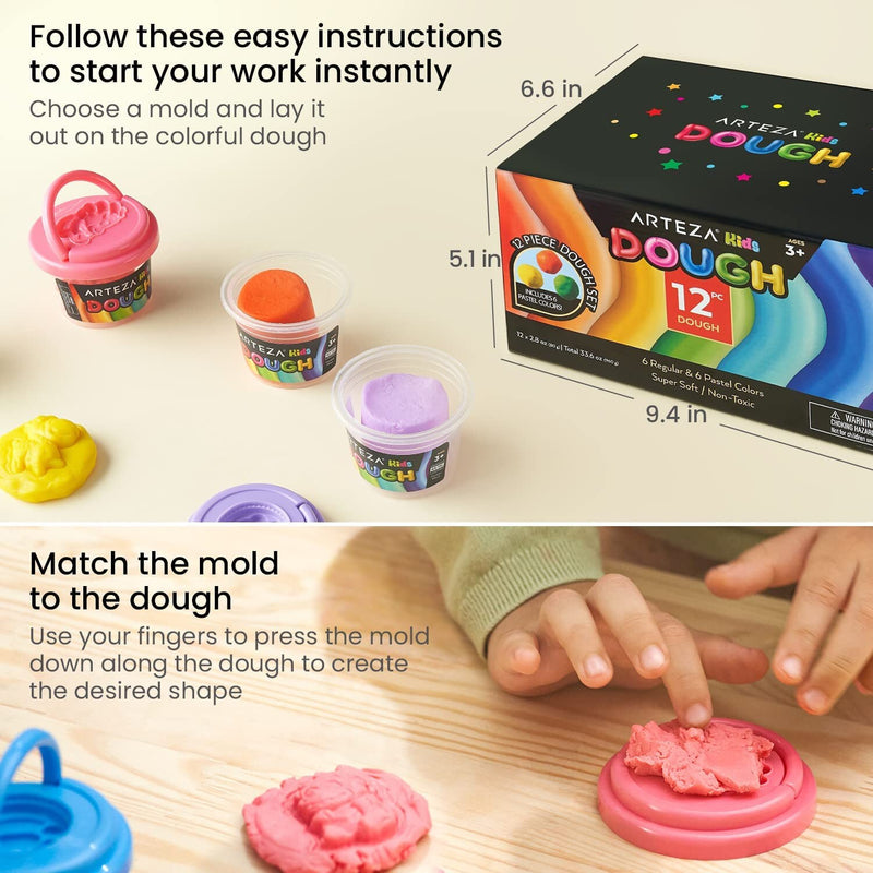 Kids Play Dough | 6 Pastel and 6 Bright Colors | 2.8-oz Tubs | Soft, Air-Tight Containers