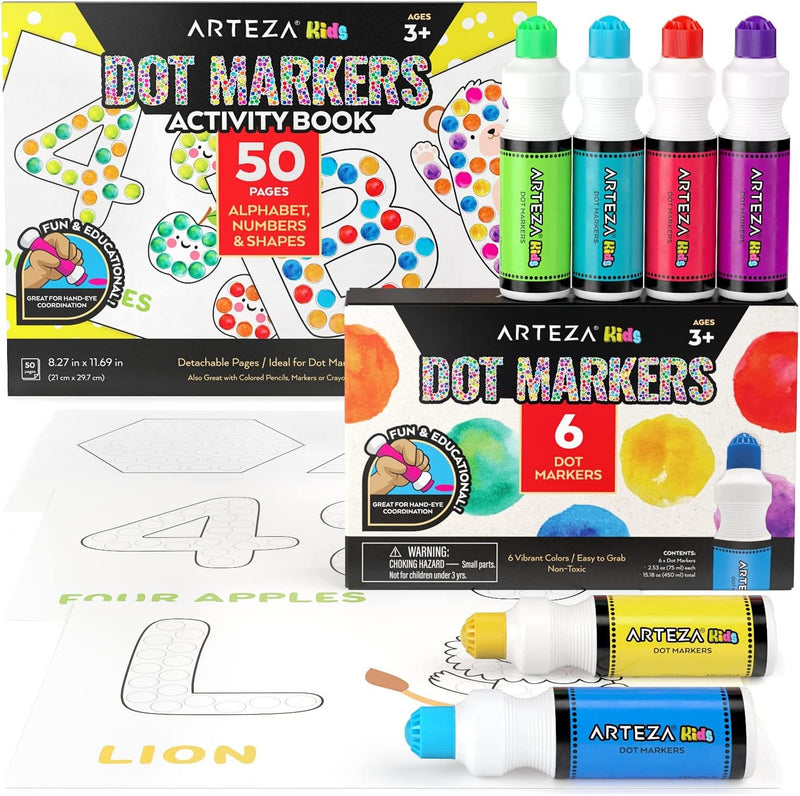 Kids Dot Markers and Kids’ Activity Book | 6 Nontoxic Bingo Daubers | 50-Page Book with Alphabet, Numbers, and Shapes