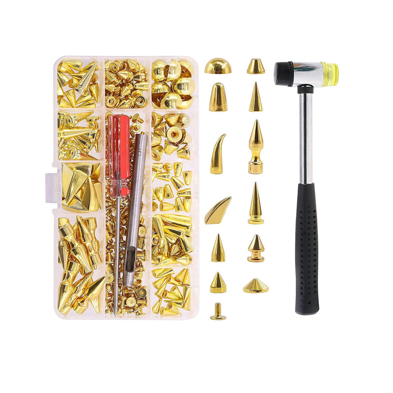 Wokape 153Pcs Screw Back Studs and Spikes Kit with Tools | Gold Mixed Shape Screw Back Bullet Cone Studs and Spikes Rivet Kit