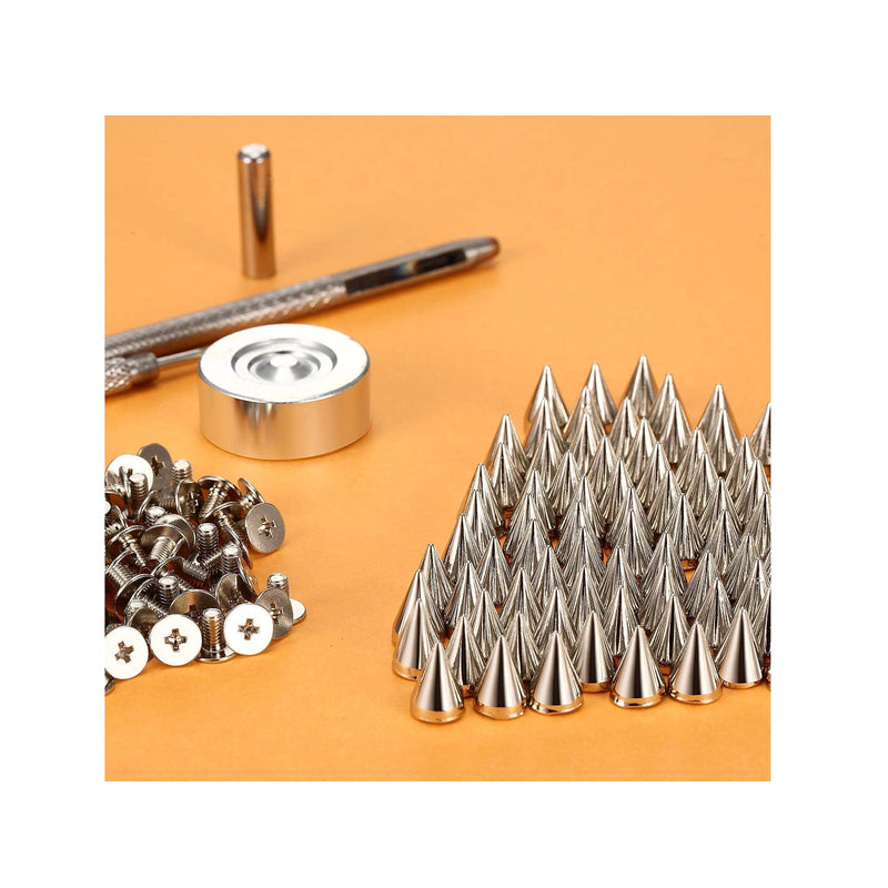 100 Sets 7 mm x 10 mm Punk Spikes Bullet Cone Spikes Rivets and Metal Studs Screw Back Studs with 3 Pieces