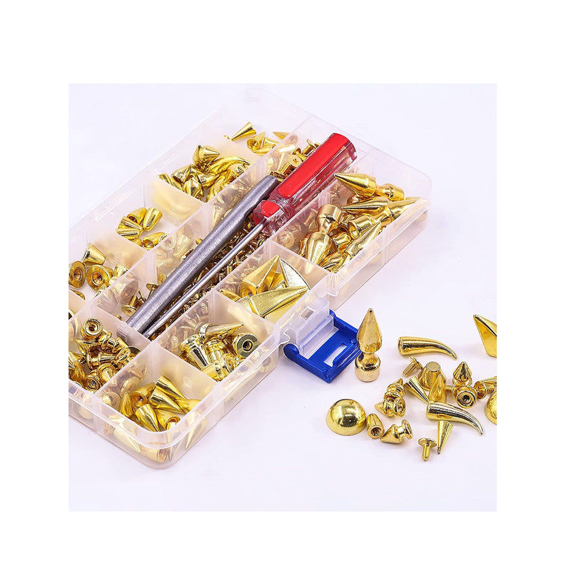 Wokape 153Pcs Screw Back Studs and Spikes Kit with Tools | Gold Mixed Shape Screw Back Bullet Cone Studs and Spikes Rivet Kit