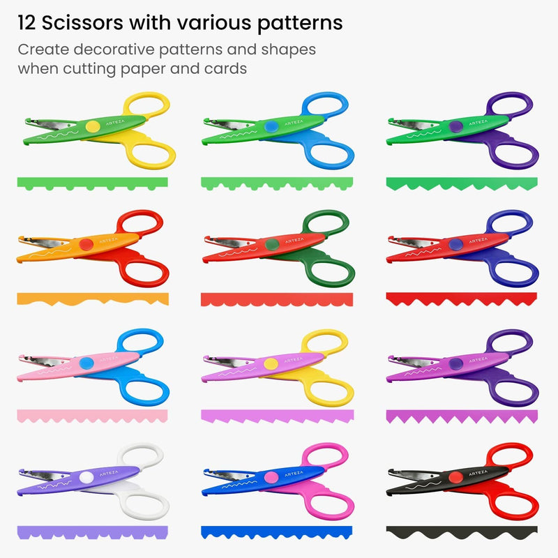 Kids Decorative Scissors | Set of 12 Different Patterns | 5.5 Inches | Craft Scissors with Patterns, School Supplies