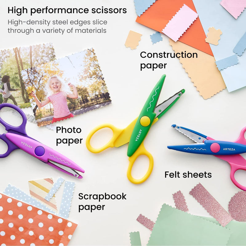 Arteza Kids Decorative Scissors, Set of 12 Different Patterns, 5.5 Inches,  Craft Scissors with Patterns, School Supplies and Scrapbooking Supplies for