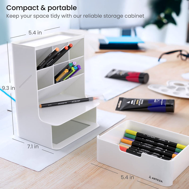 Desktop Pen and Marker Organizer | 6-Compartment White Pen Holder for Desk with Stationery Drawer | 5.43in x 7.09in x 9.33in
