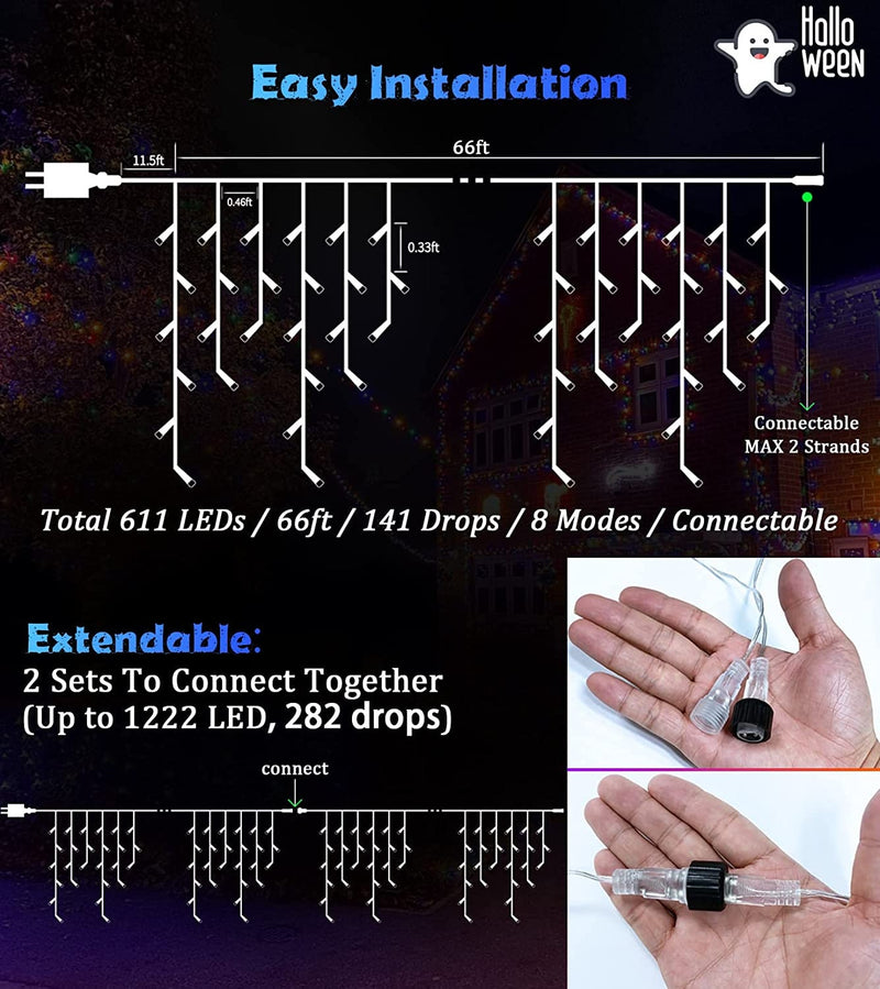 66ft LED Christmas Lights Outdoor Decorations | 8 Lighting Modes with Timer Memory 611 LED Curtain Fairy Light with 141 Drops