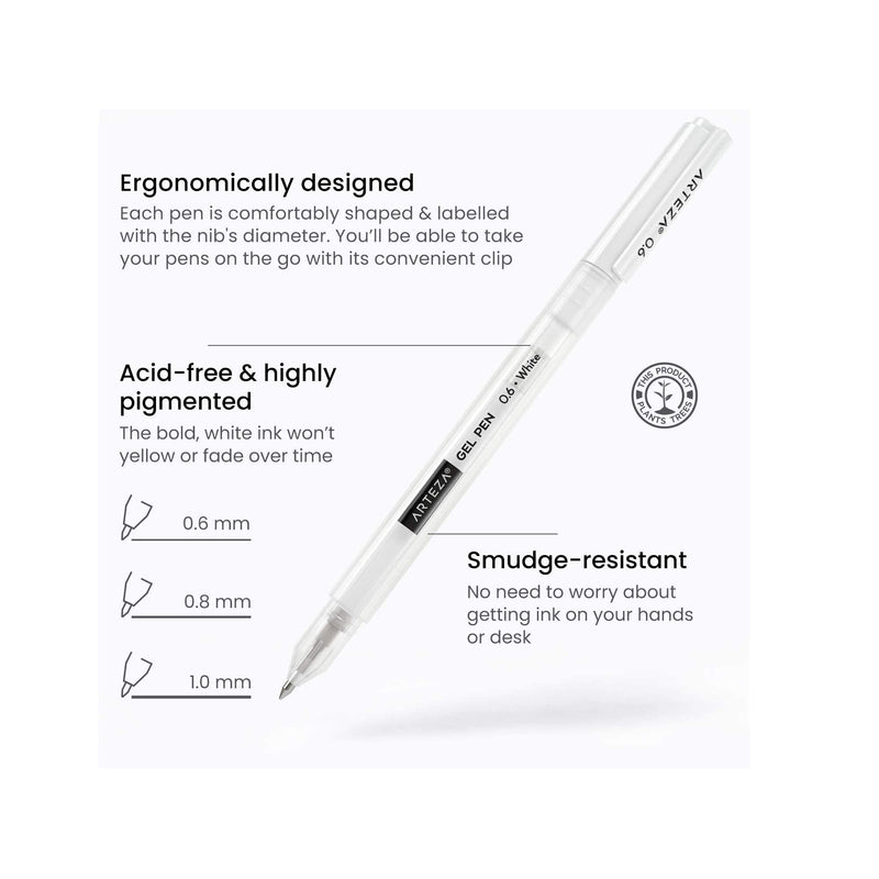 White Gel Pens Set | Pack of 3 | White Gel Pens for Artists with 0.6mm, 0.8mm, and 1.00 mm Nibs