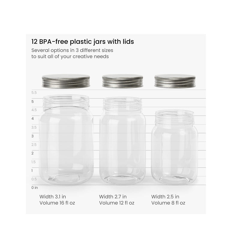 Mason Jars | 12 Regular Mouth Plastic Jars | 8 oz, 12 oz, 16 oz | Reusable Lids