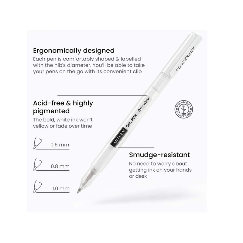 White Gel Pen Set | Pack of 12 | White Gel Pens for Artists with 0.6mm 0.8mm, and 1.00 mm Nibs