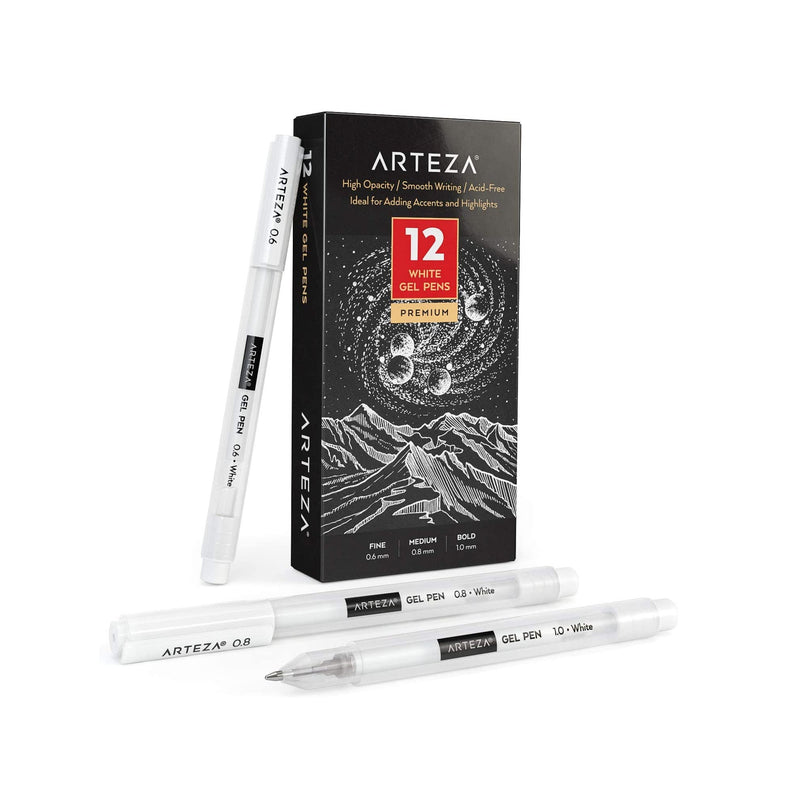 White Gel Pen Set | Pack of 12 | White Gel Pens for Artists with 0.6mm 0.8mm, and 1.00 mm Nibs