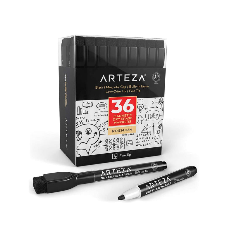 Magnetic Dry Erase Markers with Eraser | Pack of 36 | Fine Tip | Black Color