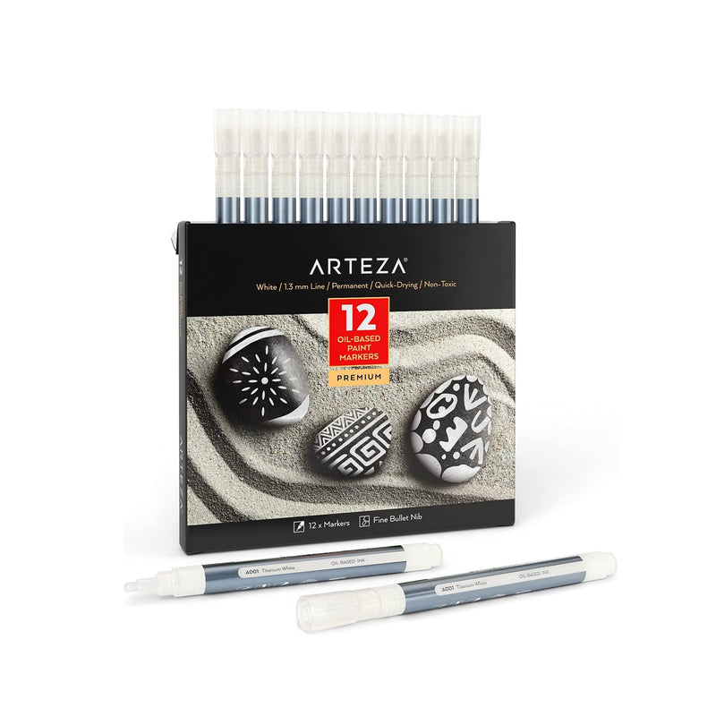 ARTEZA Oil-Based Paint Markers, 12-Pack, White, 1.3 mm Line, Small Barrel,  Quick-Drying Marker Pens with Bullet Nib, Art Supplies for Stone, Wood