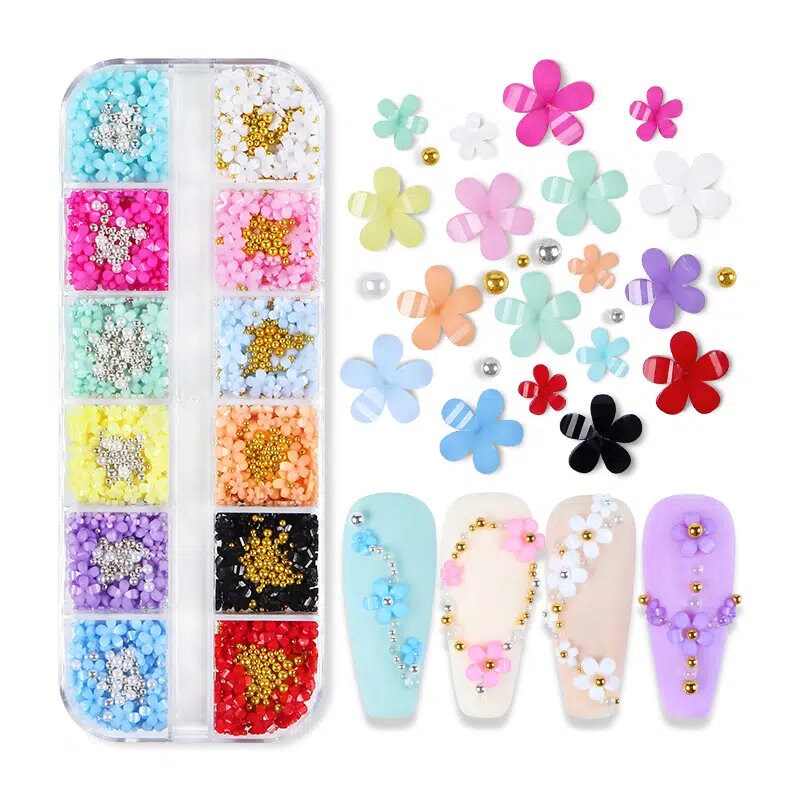 12 Grids 3D Acrylic Flower Nail Parts Decoration Mixed Steel Beads Gems Charms