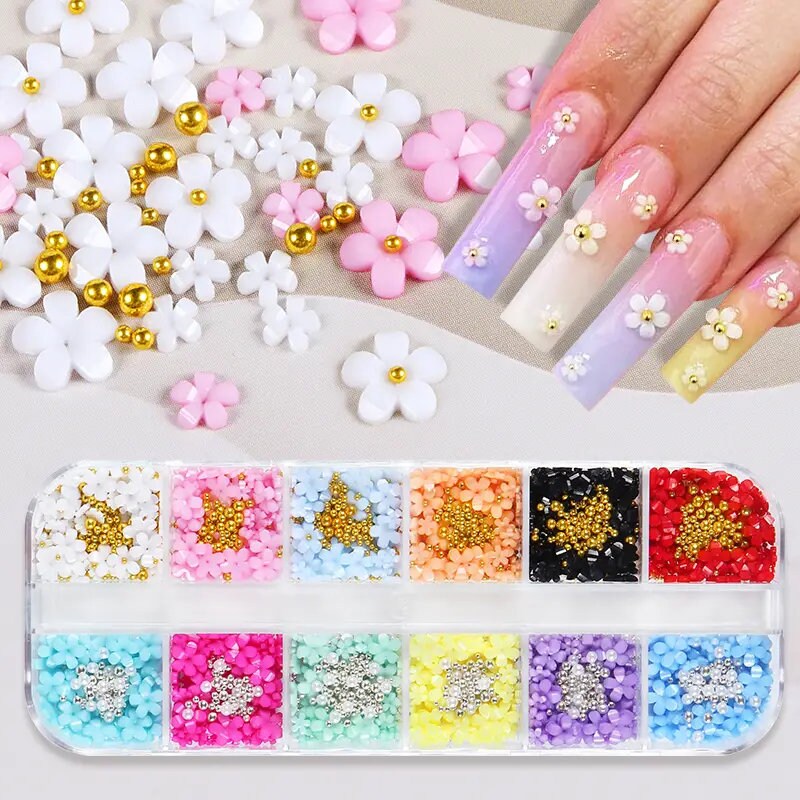 12 Grids 3D Acrylic Flower Nail Parts Decoration Mixed Steel Beads Gems Charms