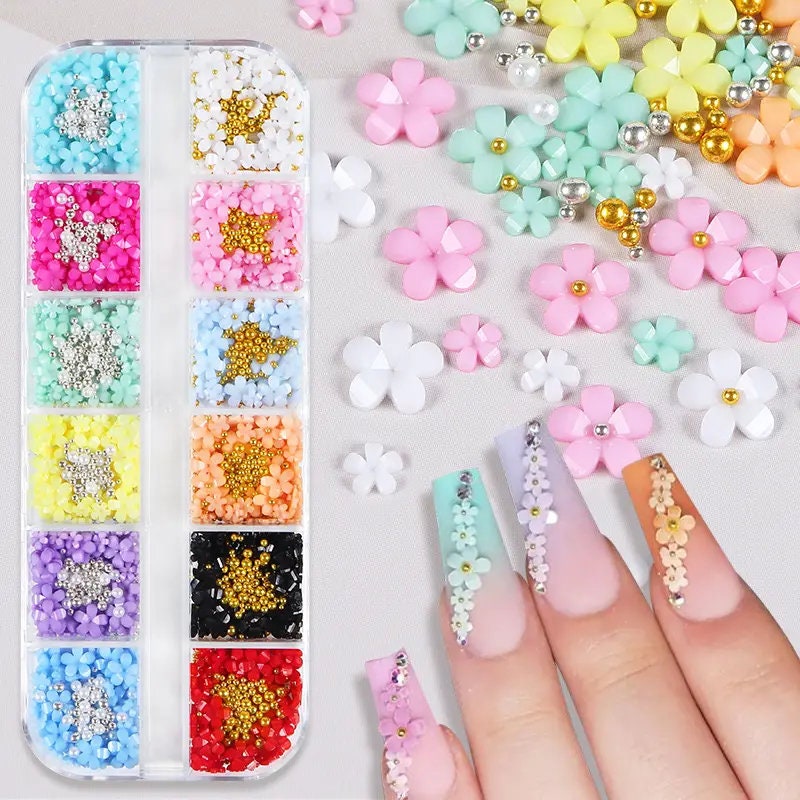 12 Grids 3D Acrylic Flower Nail Parts Decoration Mixed Steel Beads Gems Charms