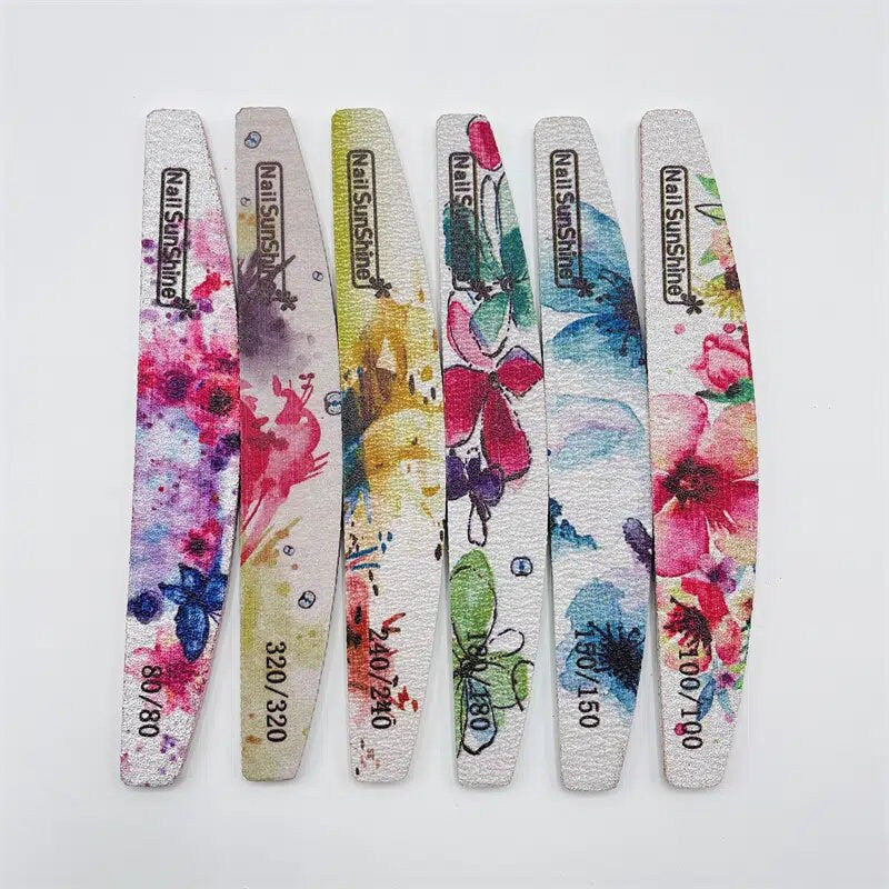 6 Pcs Different Grit Nail Files And Buffers | Flower Pattern Emery Board | 80-320 Grit Professional Manicure Tools For Home And Salon Use