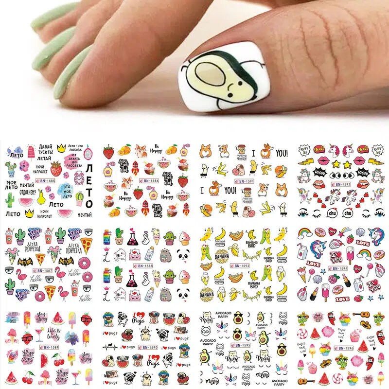 12 Pcs Avocado Nail Stickers Cute Cartoon Transfer Sliders For Nails Dog Cat Water Decals Anime Tatto For Manicure