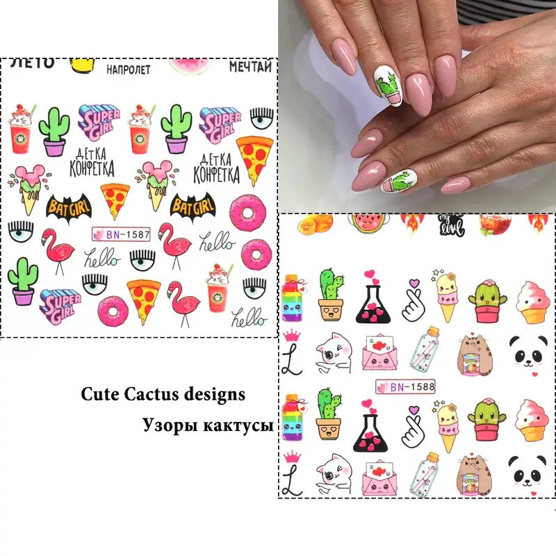 12 Pcs Avocado Nail Stickers Cute Cartoon Transfer Sliders For Nails Dog Cat Water Decals Anime Tatto For Manicure