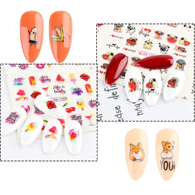 12 Pcs Avocado Nail Stickers Cute Cartoon Transfer Sliders For Nails Dog Cat Water Decals Anime Tatto For Manicure