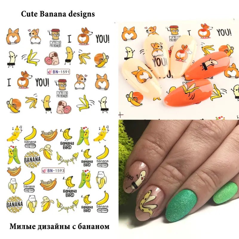 12 Pcs Avocado Nail Stickers Cute Cartoon Transfer Sliders For Nails Dog Cat Water Decals Anime Tatto For Manicure