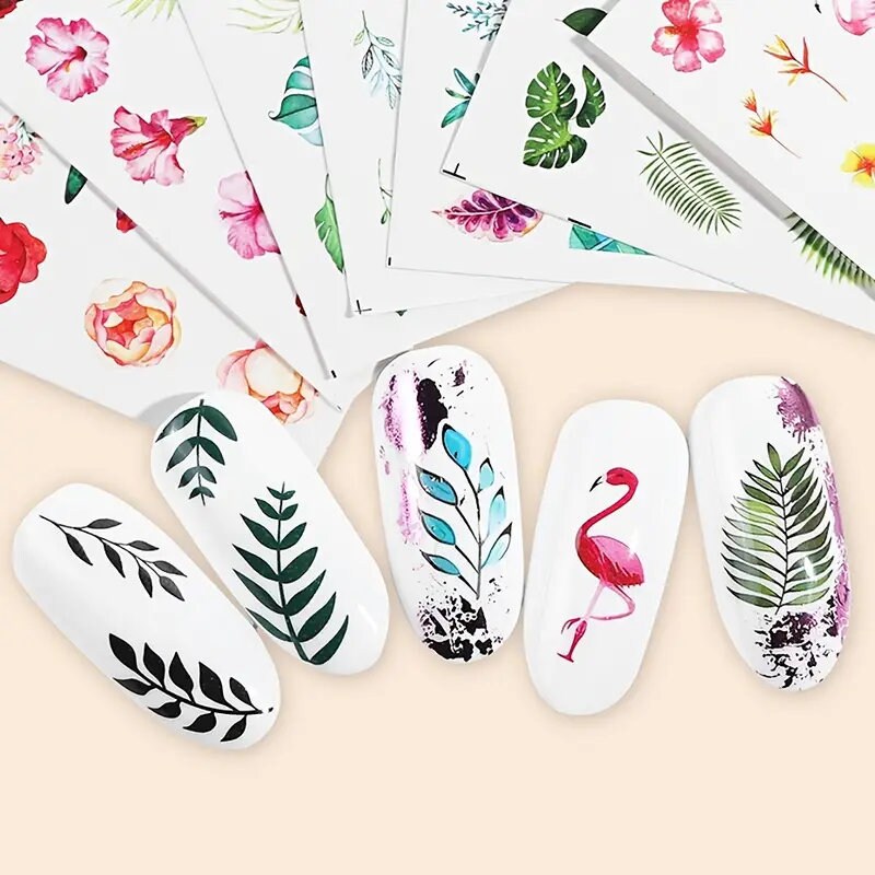 29 Pcs Flower Tropical Leaves Butterfly Flamingos Nail Art Stickers | Nail Art Slider Decoration Design Nail Art Accessories
