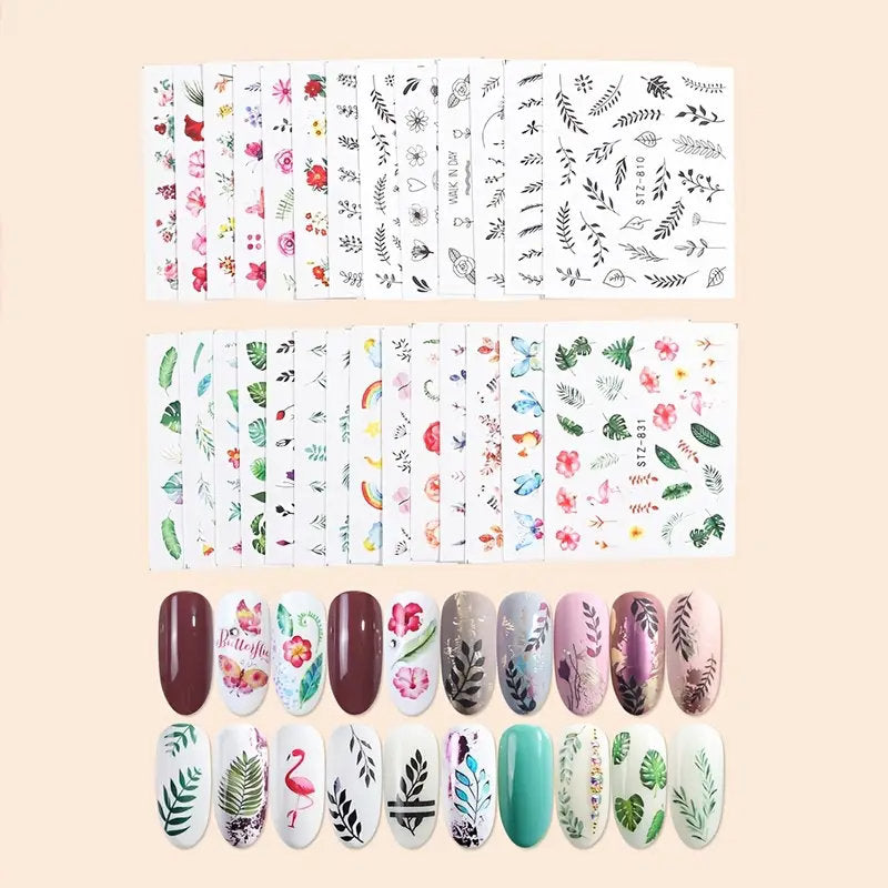 29 Pcs Flower Tropical Leaves Butterfly Flamingos Nail Art Stickers | Nail Art Slider Decoration Design Nail Art Accessories