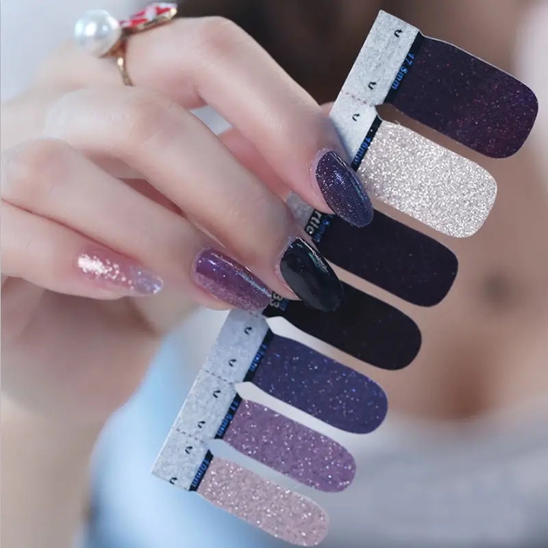 Nail Art Polish Stickers Strips With 1 Pcs Nail File | Full Wraps Nail Adhesive Decals | Gradient Glittery Manicure Kit For Women