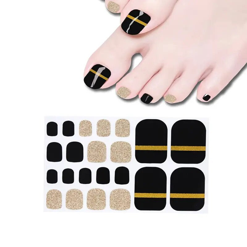 Women's Black Golden Toenail Wraps Nail Polish Strips | Self-Adhesive Full Cover Nail Art Decals | Manicure Kit For Women Girls