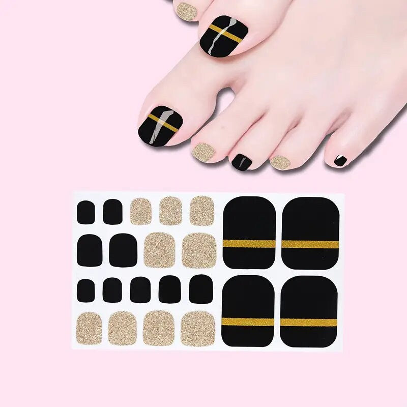 Women's Black Golden Toenail Wraps Nail Polish Strips | Self-Adhesive Full Cover Nail Art Decals | Manicure Kit For Women Girls