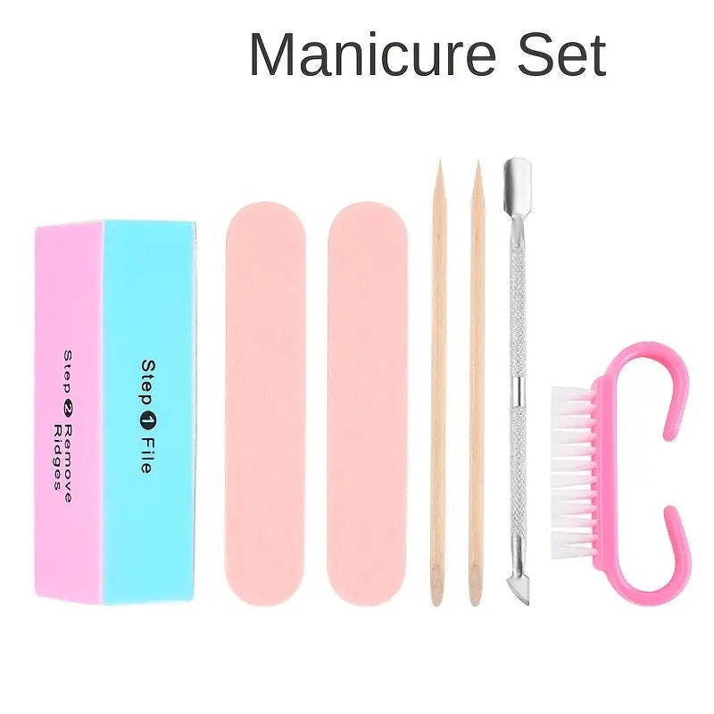 7 Pcs Manicure Set With Manicure Polishing Sponge Filings Nail Sanding Strip Portable Fingernail Cleaning Brushes Cuticle Pusher | Nail Kit