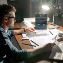 Desktop Pen and Marker Organizer | 6-Compartment Blue Pen Holder for Desk with Stationery Drawer | 5.43in x 7.09in x 9.33in