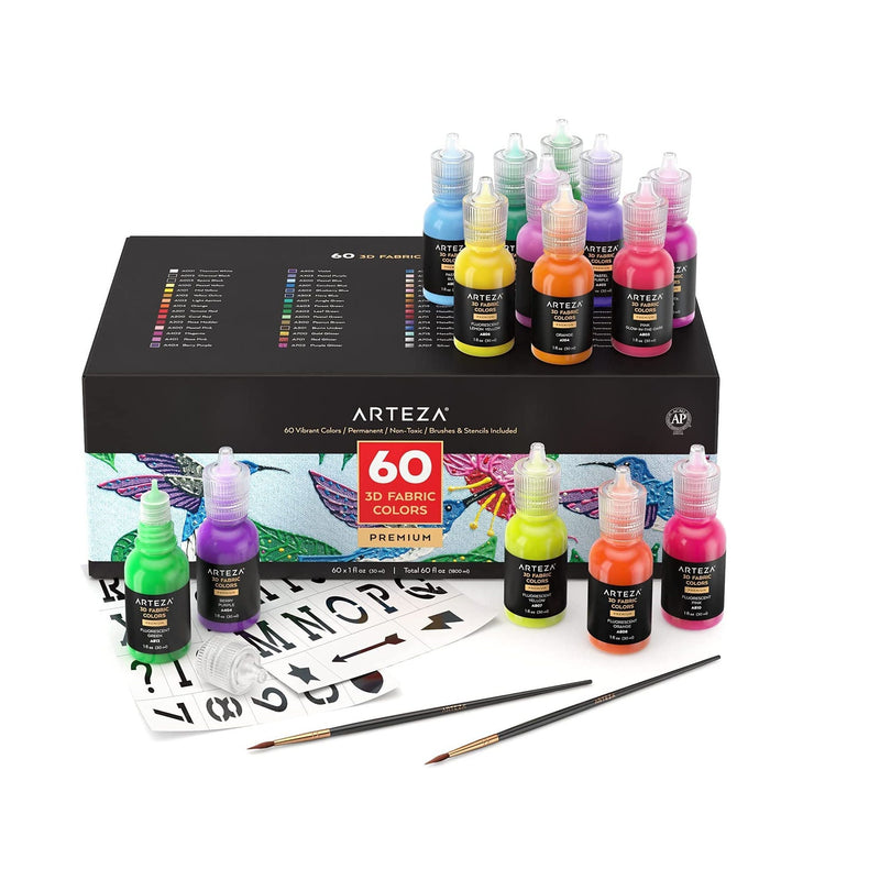 3D Fabric Paint | Set of 60 Colors | Permanent Paint in Fine-Tip Bottles | 1 oz