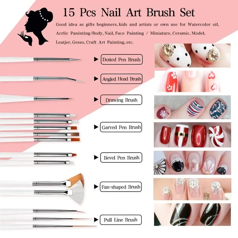 Nail Art Kit Nail Design Tools With 15 Pcs Nial Art Brush 5pcs Nail Dotting Tools 30 Pcs Nail Art Striping Tapes 3pcs3D Nail Art Rhinestones