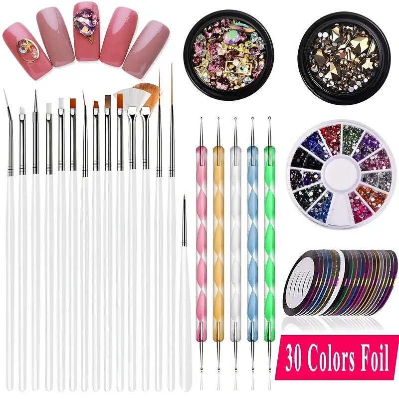 Nail Art Kit Nail Design Tools With 15 Pcs Nial Art Brush 5pcs Nail Dotting Tools 30 Pcs Nail Art Striping Tapes 3pcs3D Nail Art Rhinestones