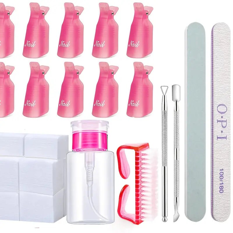 Nail Polish Gel Remover Tools Kit With Nail Clips | Nail Polish Remover Bottle | Cotton Pads | Nail Brush | Cuticle Pusher | Cuticle Peeler