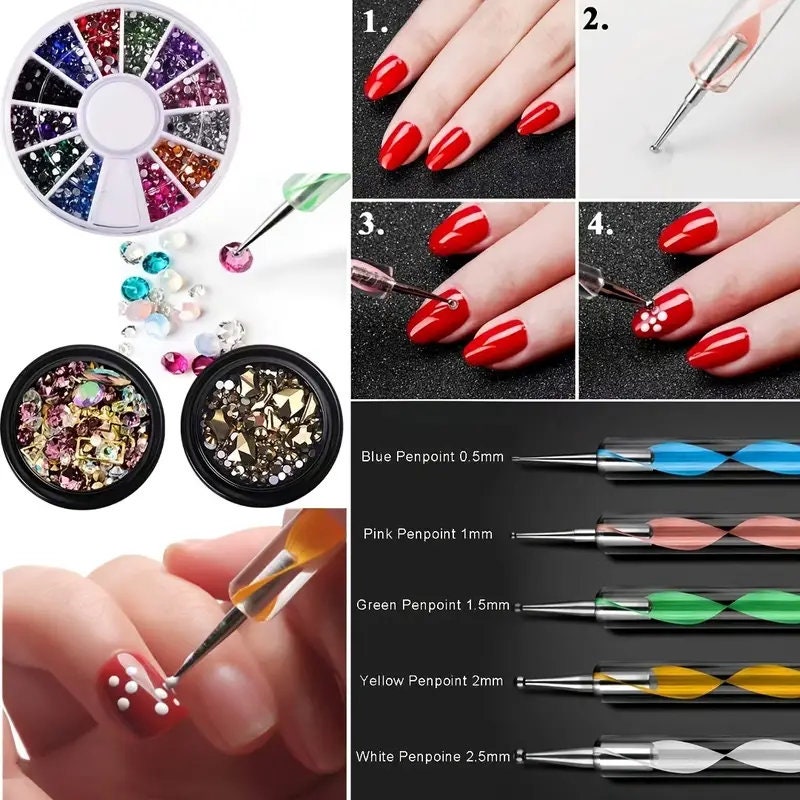 Nail Art Kit Nail Design Tools With 15 Pcs Nial Art Brush 5pcs Nail Dotting Tools 30 Pcs Nail Art Striping Tapes 3pcs3D Nail Art Rhinestones
