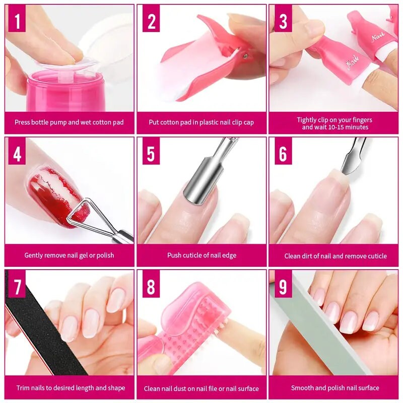Nail Polish Gel Remover Tools Kit With Nail Clips | Nail Polish Remover Bottle | Cotton Pads | Nail Brush | Cuticle Pusher | Cuticle Peeler