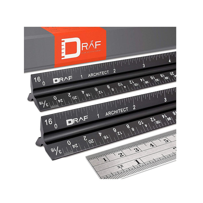 DRAF 12-Inch Architectural Scale Ruler Set (Imperial), Laser-Etched  Aluminum Triangular Drafting Tool for Blueprints